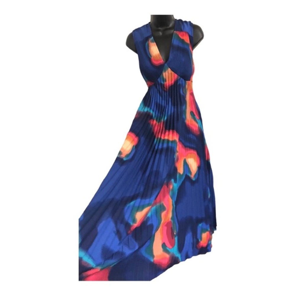 Nicole Miller Pleated‎ navy blue orange pink Abstract maxi v-neck Dress size 4